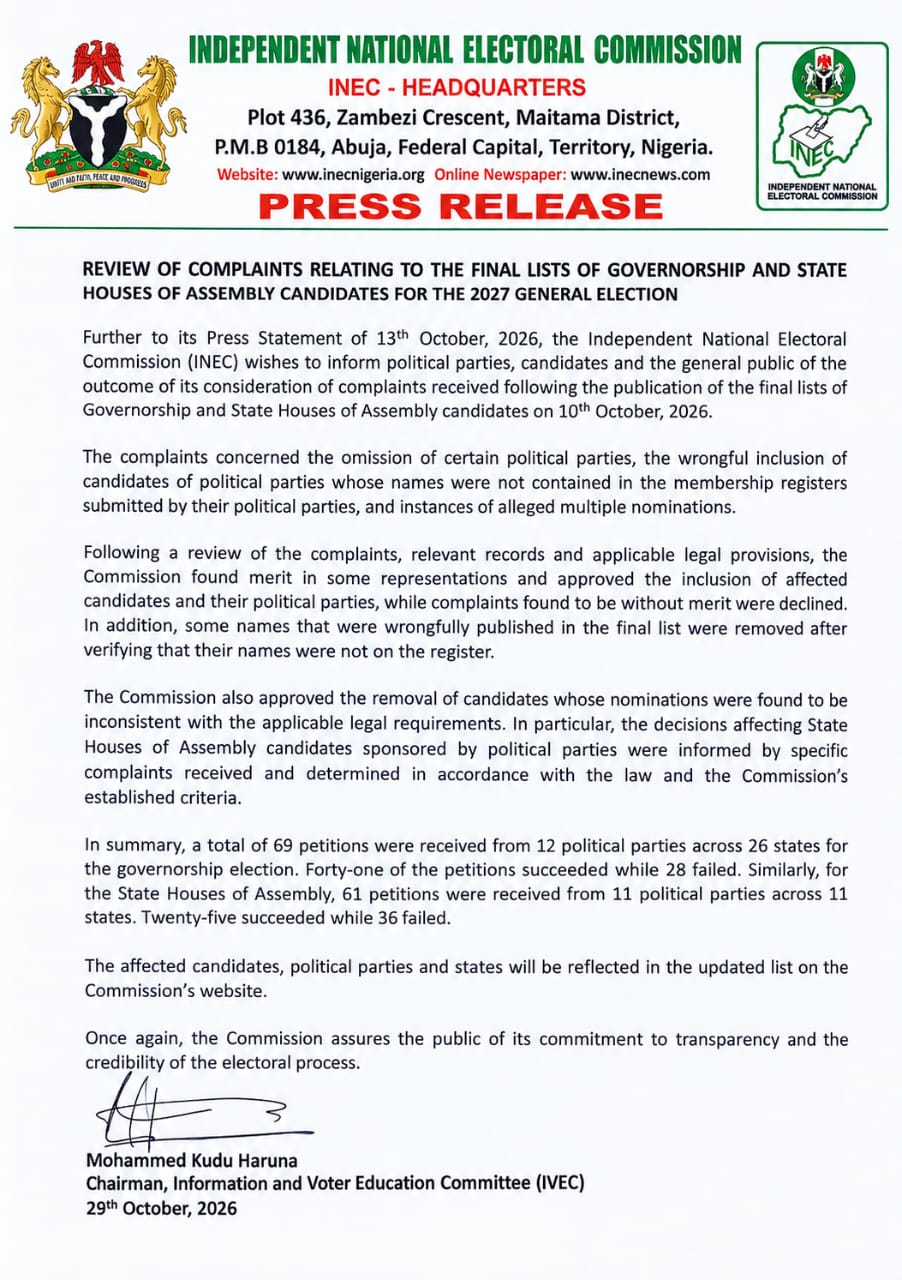 REVIEW OF COMPLAINTS RELATING TO THE FINAL LISTS OF GOVERNORSHIP AND STATE HOUSES OF ASSEMBLY CANDIDATES FOR THE 2027 GENERAL ELECTION
