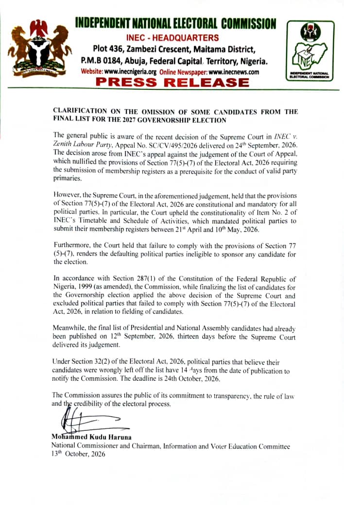 CLARIFICATION ON THE OMISSION OF SOME CANDIDATES FROM THE FINAL LIST FOR THE 2027 GOVERNORSHIP ELECTION