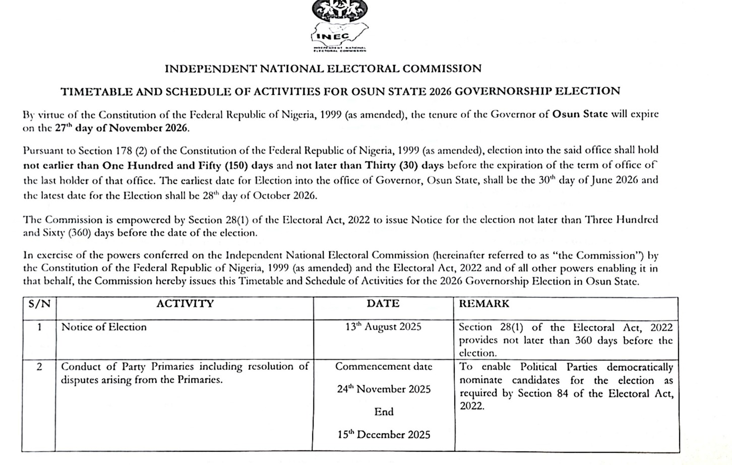 TIMETABLE AND SCHEDULE OF ACTIVITIES FOR EKITI AND OSUN STATES 2026 ...