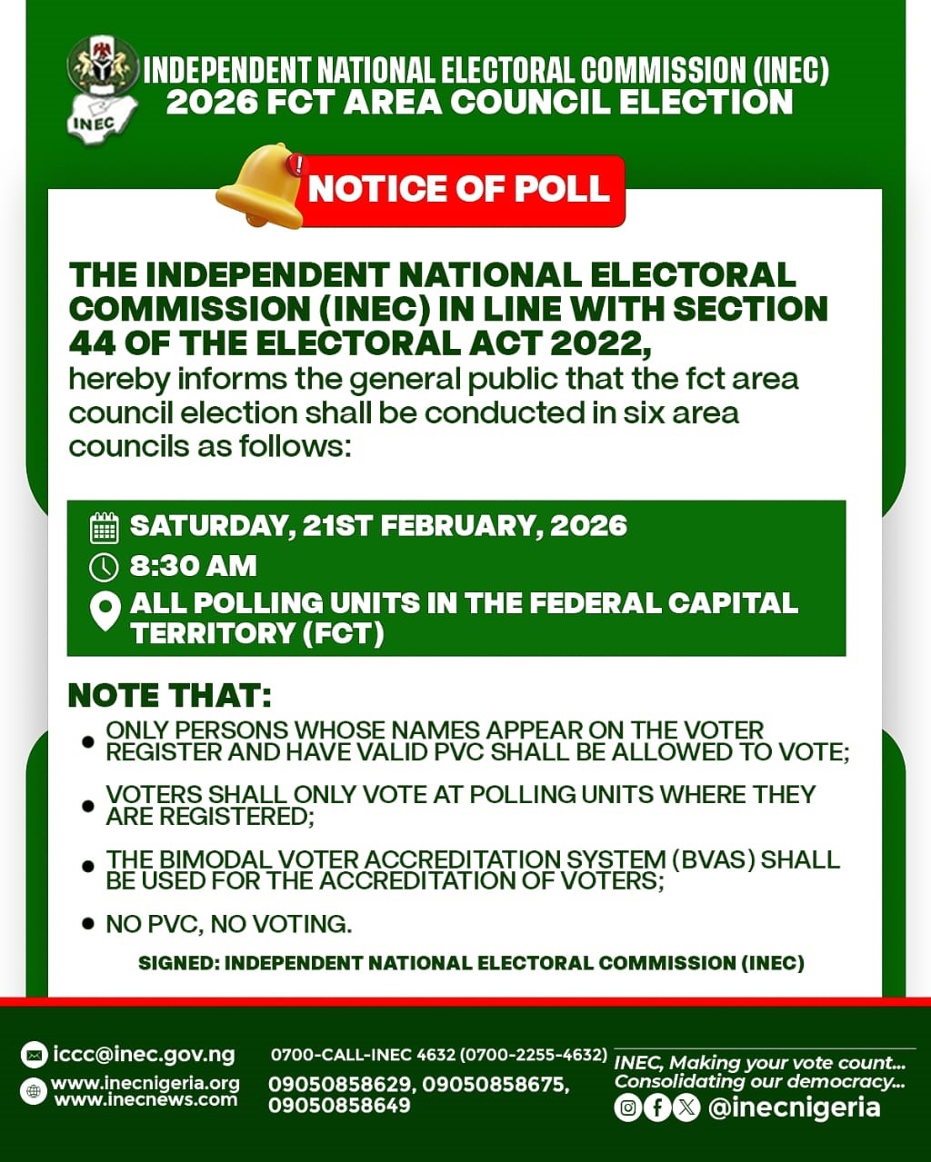 NOTICE OF POLL: 2026 FCT AREA COUNCIL ELECTION